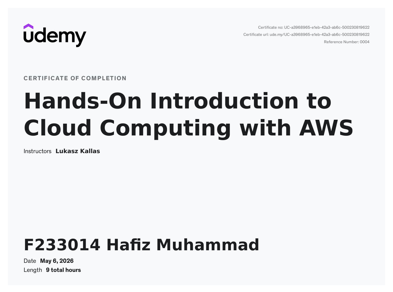 AWS Hands on Introduction certificate — Udemy